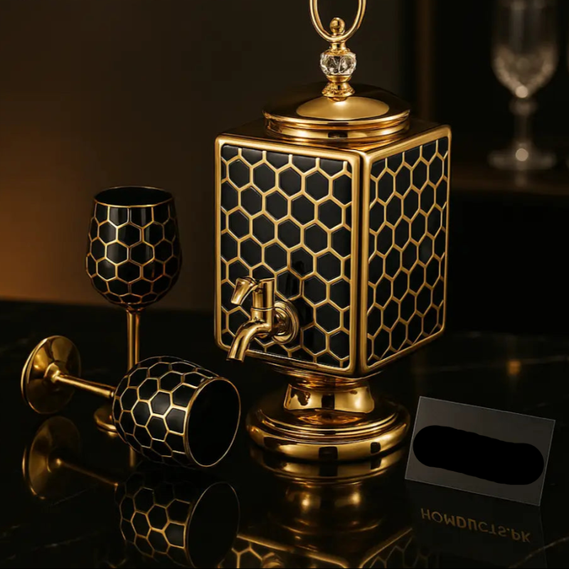 Luxury Black & Gold Beverage Dispenser Set with 6 Matching Glasses – Premium Honeycomb Design