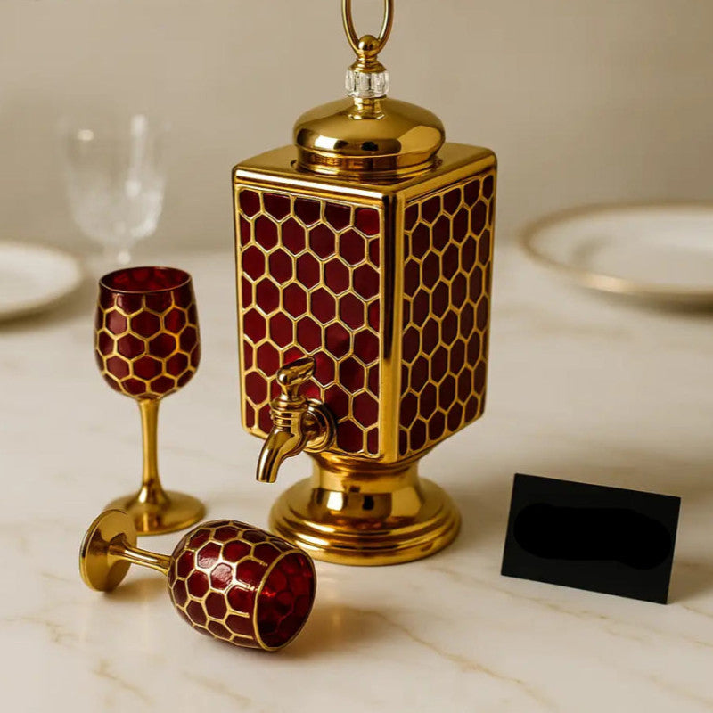 Luxury Honeycomb Red & Gold Beverage Dispenser Set – Premium Drink Server with 6 Matching Glasses