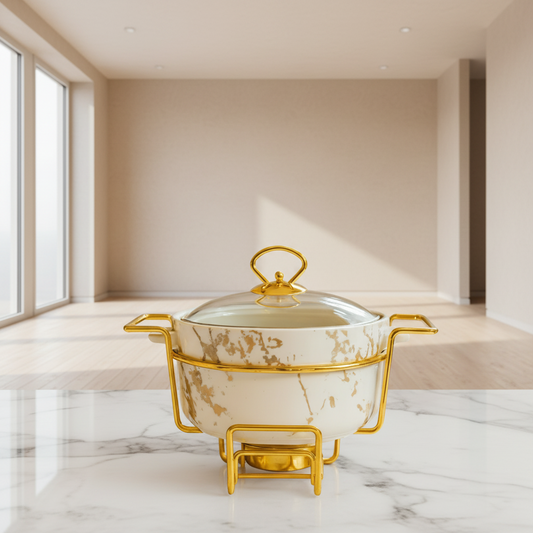 Luxury Marble 9.25cm Round Casserole Warmer – Ceramic Bowl with Gold Frame