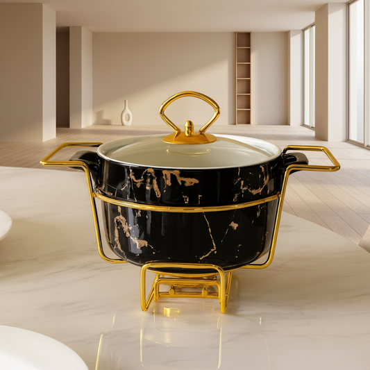 LUXURY MARBLE 9.25CM ROUND CASSEROLE WARMER WITH GOLDEN FRAME - BLACK MARBLE