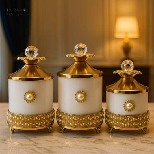 LUXURY PEARL DECOR JAR SET – 3PCS GOLDEN TRIM STORAGE CONTAINERS - WHITE