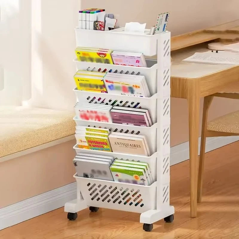 1pc Movable Bookshelf with Wheels Plastic Multilayer Capacity Desk Organizer Table Side Storage Basket Cart for School Classroom Home (6 Layer)
