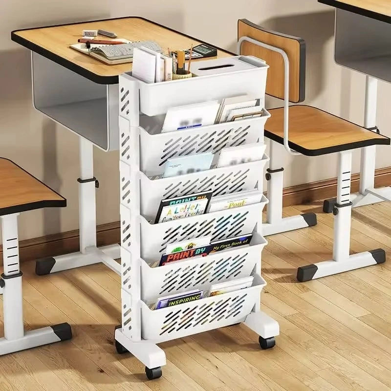 1pc Movable Bookshelf with Wheels Plastic Multilayer Capacity Desk Organizer Table Side Storage Basket Cart for School Classroom Home (6 Layer)