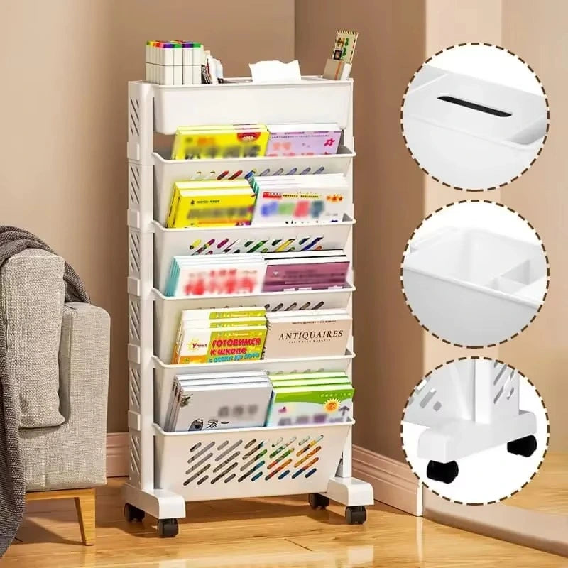 1pc Movable Bookshelf with Wheels Plastic Multilayer Capacity Desk Organizer Table Side Storage Basket Cart for School Classroom Home (6 Layer)