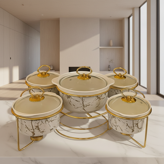 Marble Ceramic 5-Piece Round Warmer Set – Glass Lids with Gold Frame