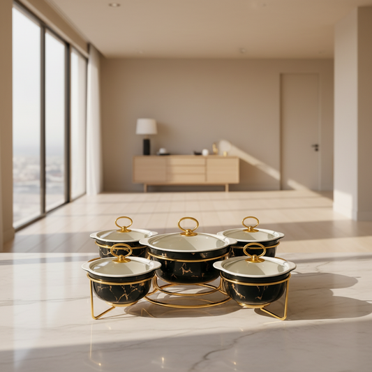 MARBLE CERAMIC 5-PIECE ROUND WARMER SET WITH GLASS LIDS & GOLD FRAME - BLACK MARBLE