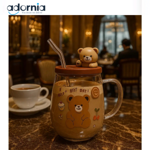 Teddy Bear Glass Mug with Lid & Straw – Cute Café Edition