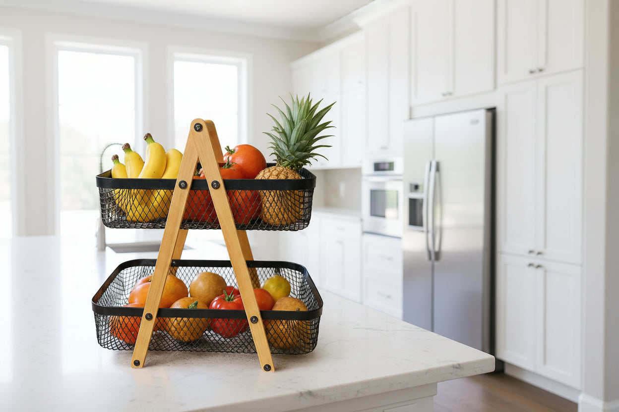 2-Tier Wooden Frame Fruit & Vegetable Basket – Modern Metal Wire Storage Rack for Kitchen & Countertop