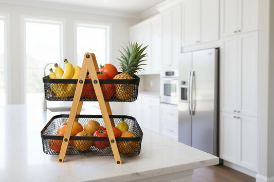 2-Tier Wooden Frame Fruit & Vegetable Basket – Modern Metal Wire Storage Rack for Kitchen & Countertop