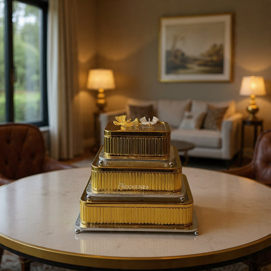 Luxury Gold Finish 3-Piece Candy Jar Set Decorative Tableware with glass base and lid