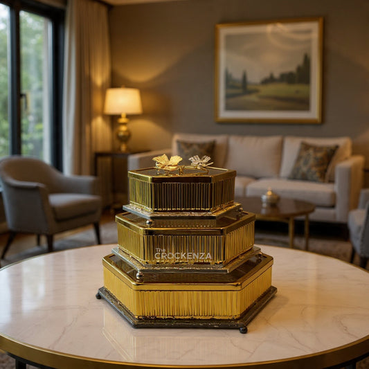 Luxury Gold Finish 3-Piece Candy Jar Set Decorative Tableware with glass base and lid