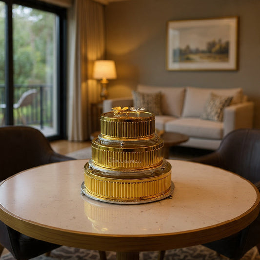 Luxury Gold Finish 3-Piece Candy Jar Set Decorative Tableware with glass base and lid