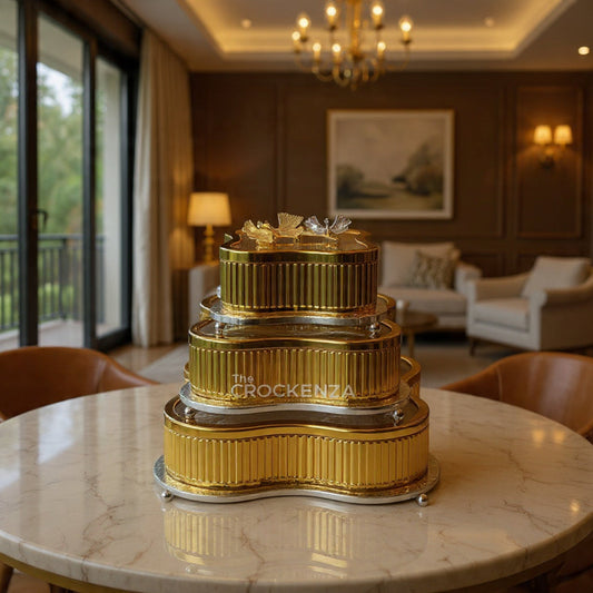 Luxury Gold Finish 3-Piece Candy Jar Set Decorative Tableware with glass base and lid