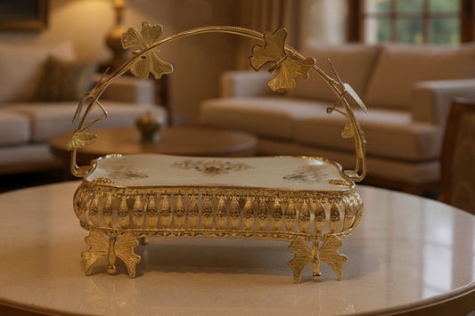 Imported Golden Serving Platter | Luxury Round Tray with Floral Handle Design