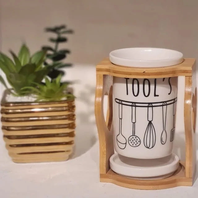 Porcelain Spoon Holder With Bamboo Stand