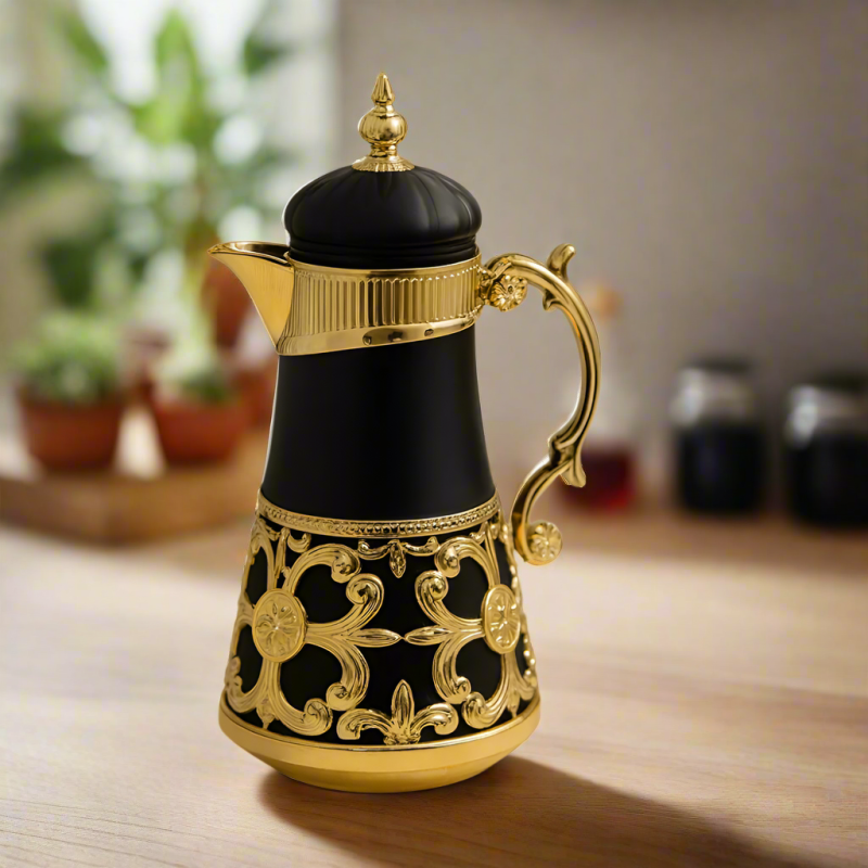 Luxury Brown 1L Vacuum Insulated Thermal Kettle | Gold Bird Handle Coffee & Tea Flask for Home & Elegant Dining