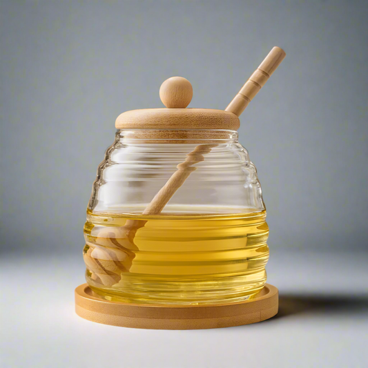 Premium Glass Honey Jar with Wooden Dipper | Heat-Resistant Transparent Honey & Syrup Container