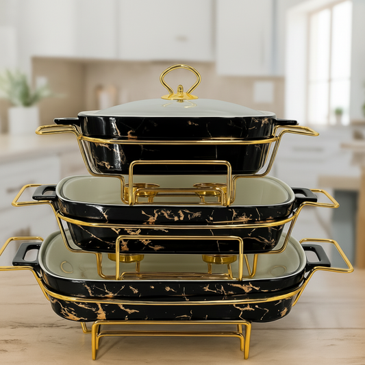Premium Marble Ceramic Casserole Set with Gold Stand – Buffet & Dining Server, Black Marble