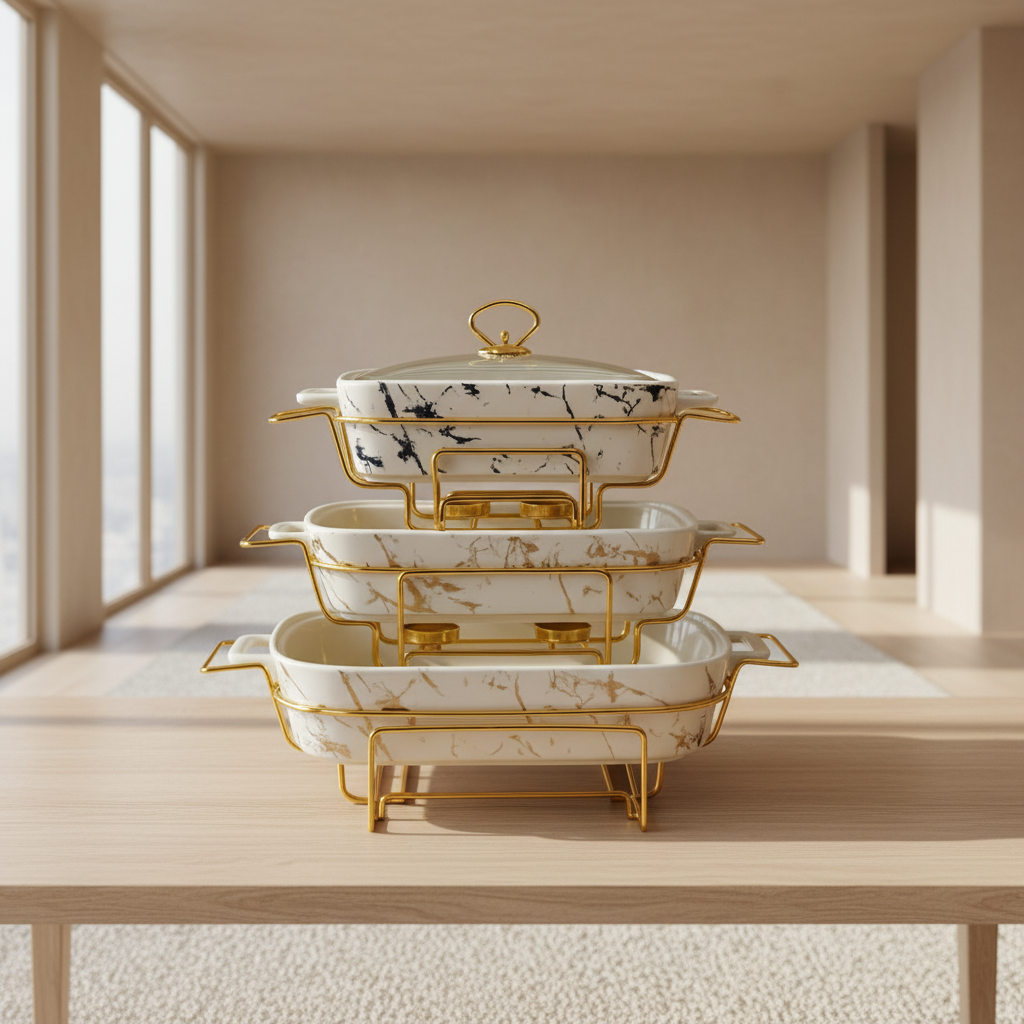 Premium Marble Ceramic Casserole Set with Gold Stand – Buffet & Dining Server, White Marble