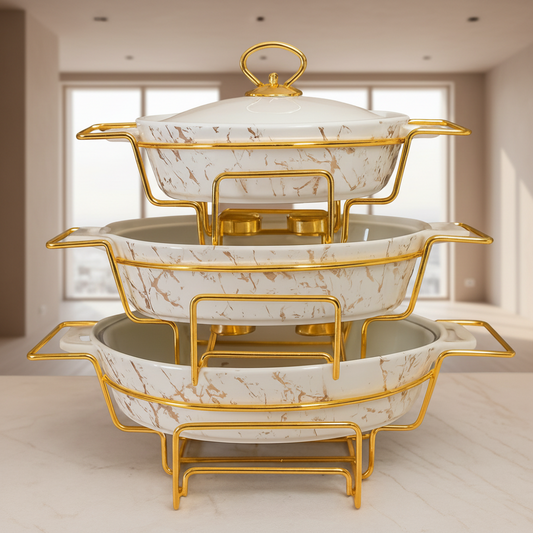 Premium Oval Marble Serving Dish Set – Elegant Ceramic Bowls with Gold Rack