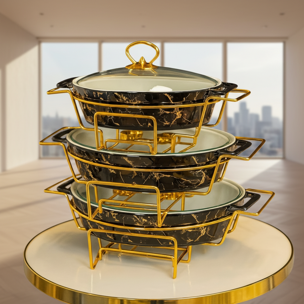 PREMIUM OVAL MARBLE SERVING DISH SET WITH GOLD RACK - BLACK MARBLE