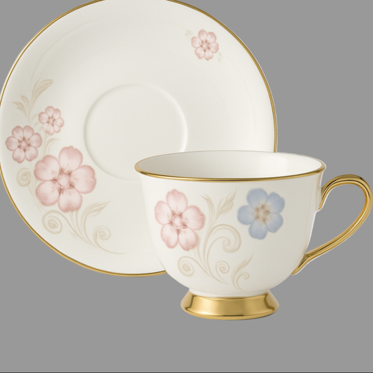 Premium 12-Piece Tea Cup & Saucer Set | Floral Pattern with Gold Rim for Home & Dining