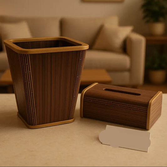 Premium Walnut Wooden Dustbin & Tissue Box Set – Luxury Golden Accents