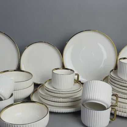 Porcelain Cream Shine Lining Dinner Set – 32 Pieces | Premium Ceramic Crockery Set