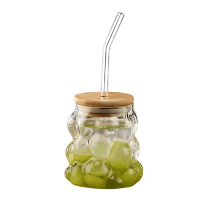 Bubble Glass Cup with Bamboo Lid & Straw