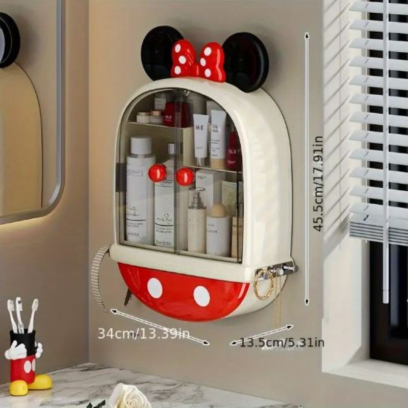 Mickey & Minnie Mouse No-Drill Wall-Mounted Multi-Compartment Transparent Makeup Storage Box with Mickey Mouse Design