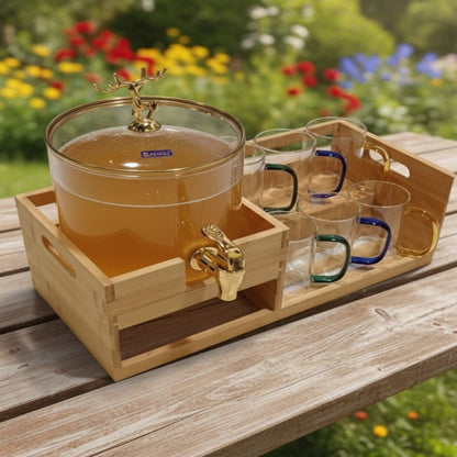Echou GoldenDeer Glass Dispenser Set with Wooden Stand & 6 Glasses