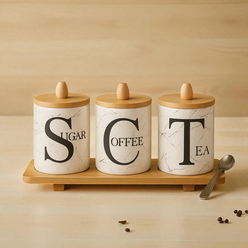 Premium Sugar Tea Coffee Ceramic Jar Set With Bamboo Lids & Tray