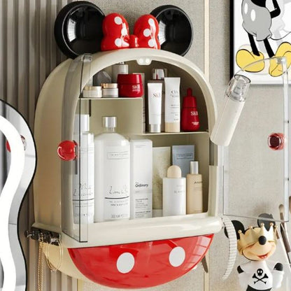 Mickey & Minnie Mouse No-Drill Wall-Mounted Multi-Compartment Transparent Makeup Storage Box with Mickey Mouse Design
