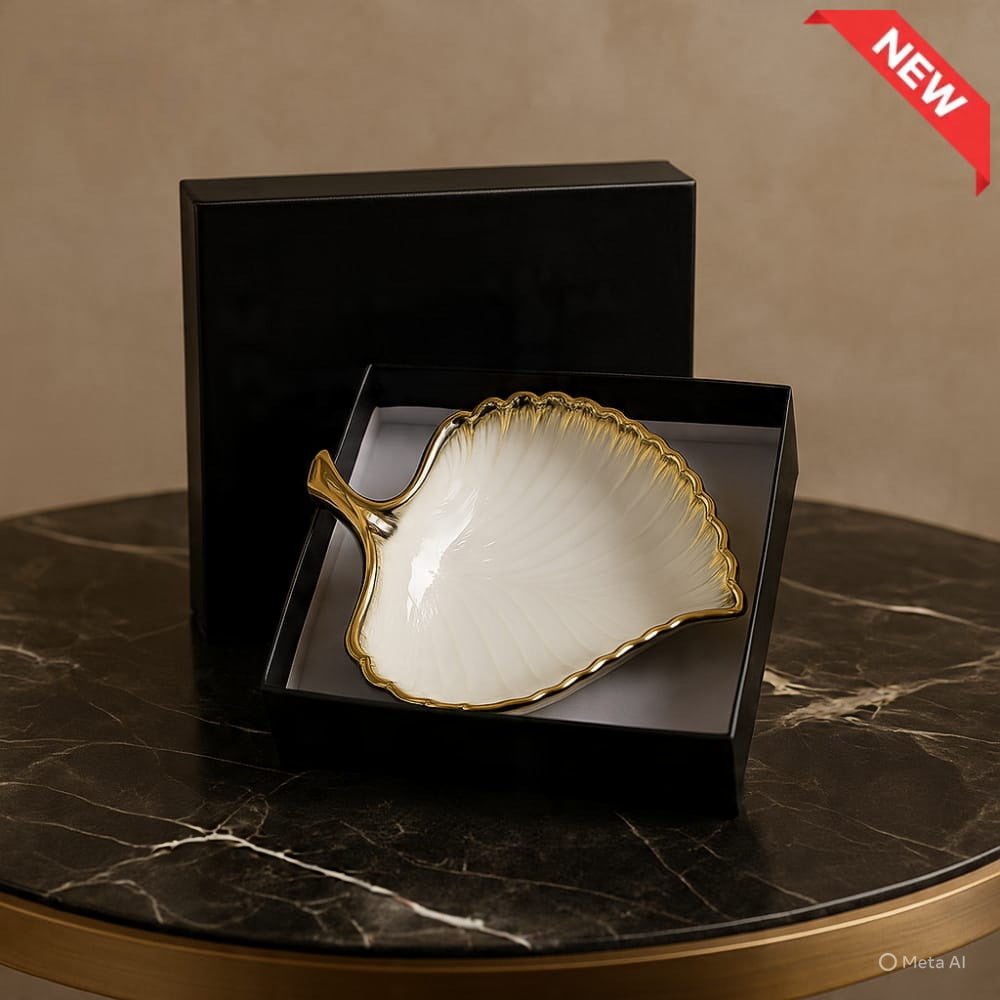 White And Gold Luxury Leaf Shaped Serving Dish