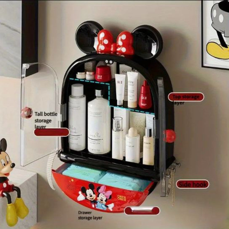 Mickey & Minnie Mouse No-Drill Wall-Mounted Multi-Compartment Transparent Makeup Storage Box with Mickey Mouse Design