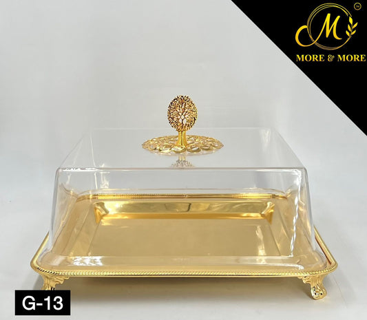 Sovereign Gold-Finished Square Platter | High-Clarity Acrylic Display Cloche - 12.6" inches