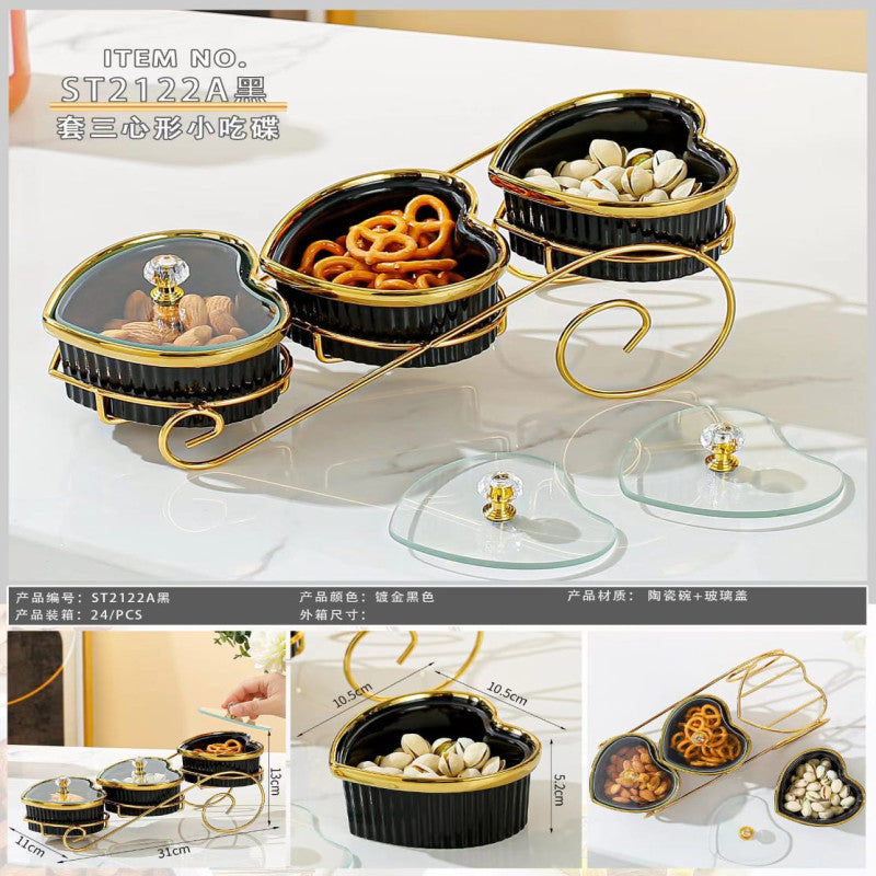 Premium Luxury 3 Ceramic Hert Shaped Serving Tray With Lids