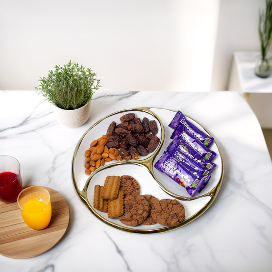 Elegant Round Ceramic Serving Platter with Gold Accents 3-Compartment