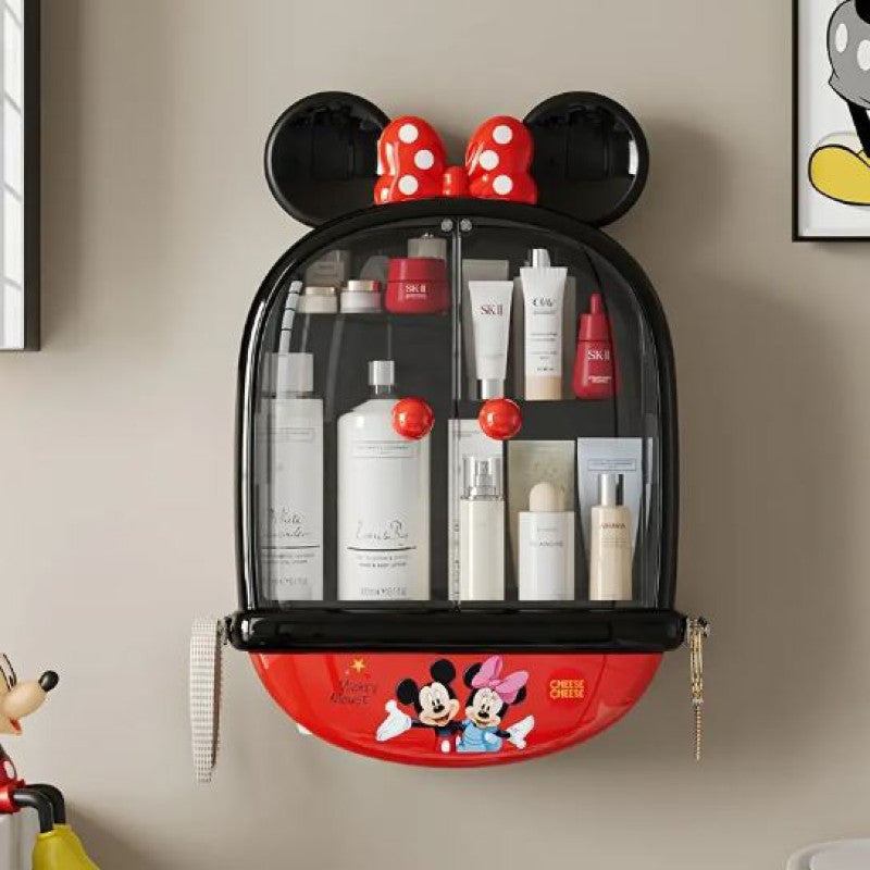 Mickey & Minnie Mouse No-Drill Wall-Mounted Multi-Compartment Transparent Makeup Storage Box with Mickey Mouse Design