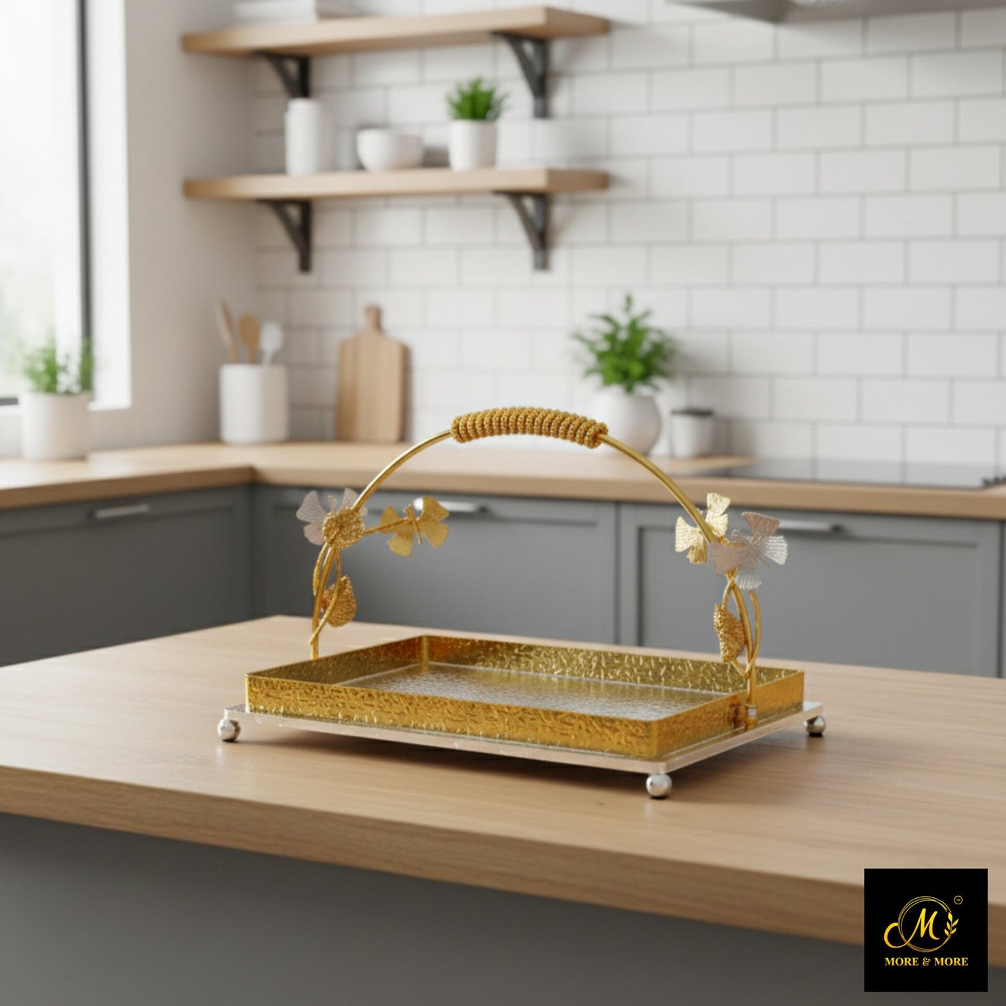 Luxury Golden Silver Platter with Butterfly Handle