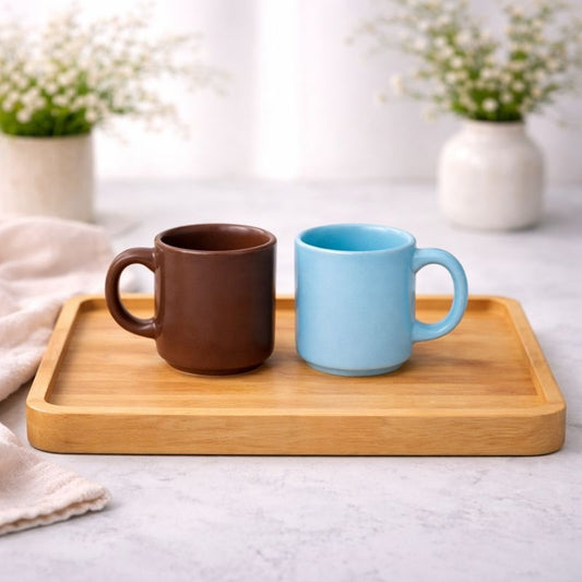 Set of 2 Mini Ceramic Coffee Mugs Light Blue & Brown Color Cups | Modern Tea & Coffee Mug Set