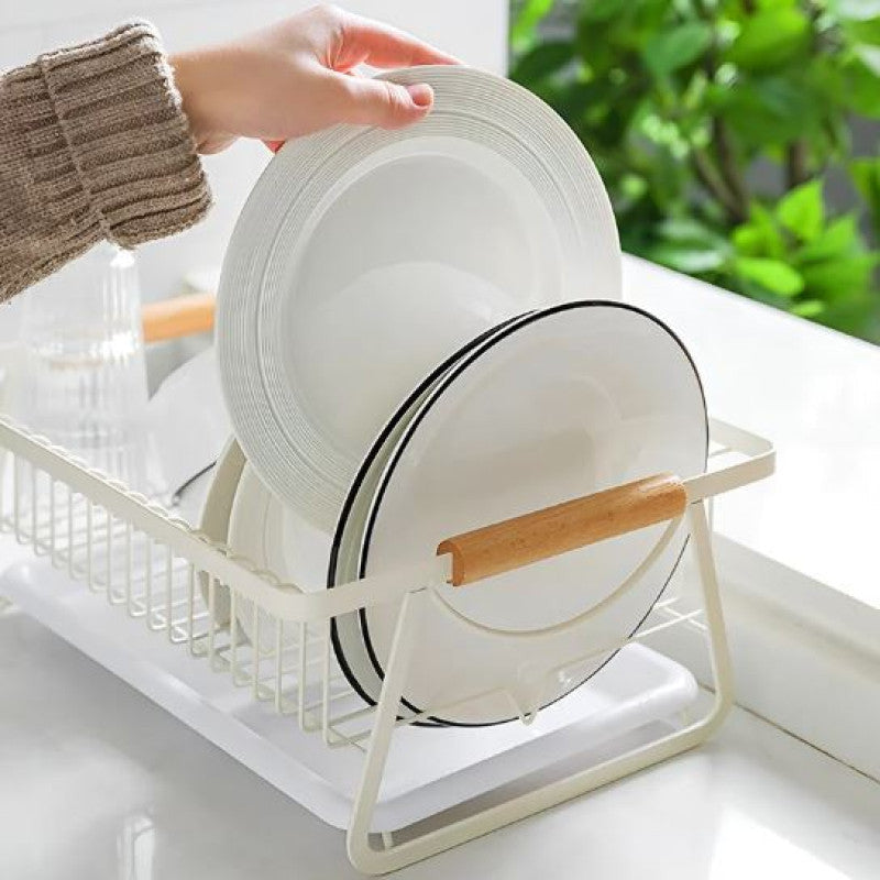 Metal Kitchen Dish Drying Rack With Wooden Handle