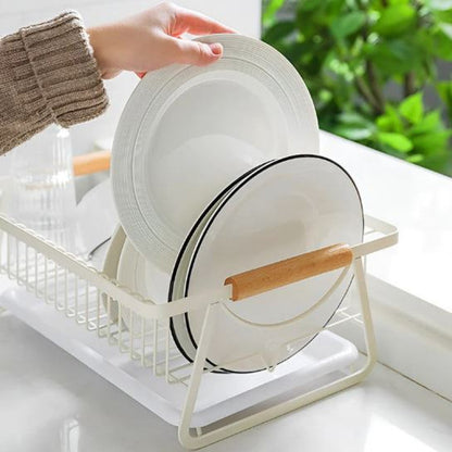 Metal Kitchen Dish Drying Rack With Wooden Handle