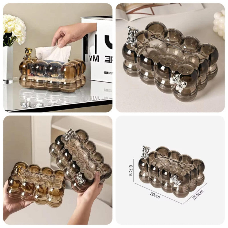 Cute Acrylic Tissue Box with Bear & Bow Design – Decorative Bubble Style | Adornia.pk