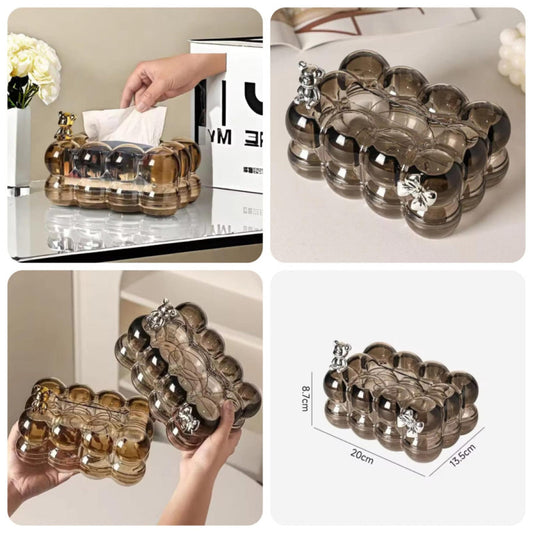 Cute Acrylic Tissue Box with Bear & Bow Design – Decorative Bubble Style | Adornia.pk