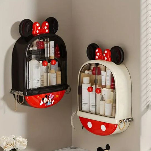 Mickey & Minnie Mouse No-Drill Wall-Mounted Multi-Compartment Transparent Makeup Storage Box with Mickey Mouse Design