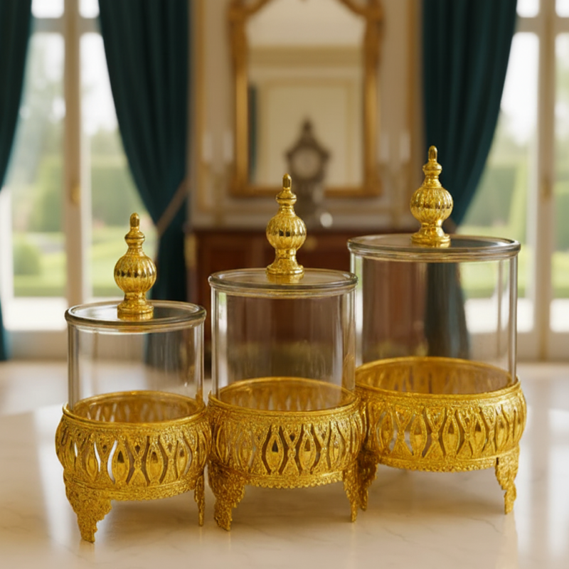 3- Luxurious Gold Pedestal Jars Set Premium Quality