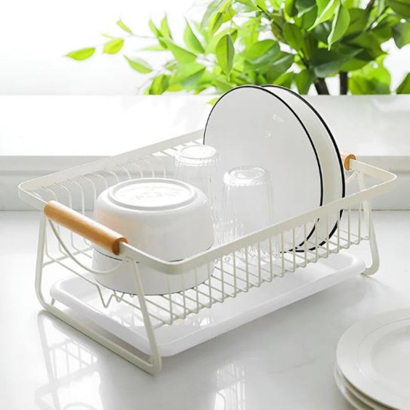 Metal Kitchen Dish Drying Rack With Wooden Handle
