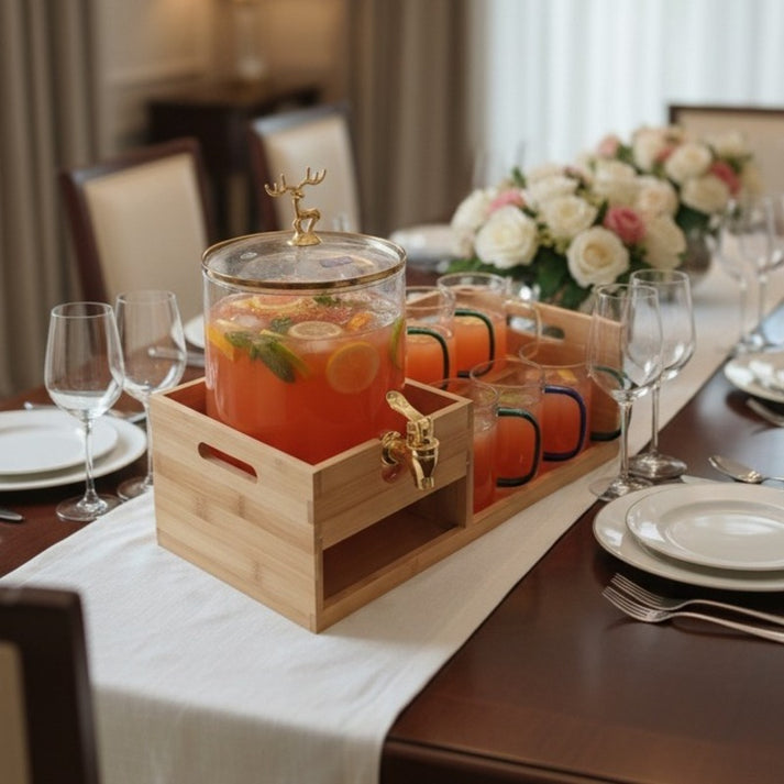 Echou GoldenDeer Glass Dispenser Set with Wooden Stand & 6 Glasses