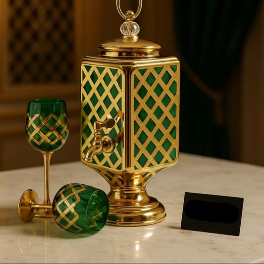 Royal Emerald Gold Beverage Dispenser Set – Luxury Crystal Glass & 6 Matching Goblets